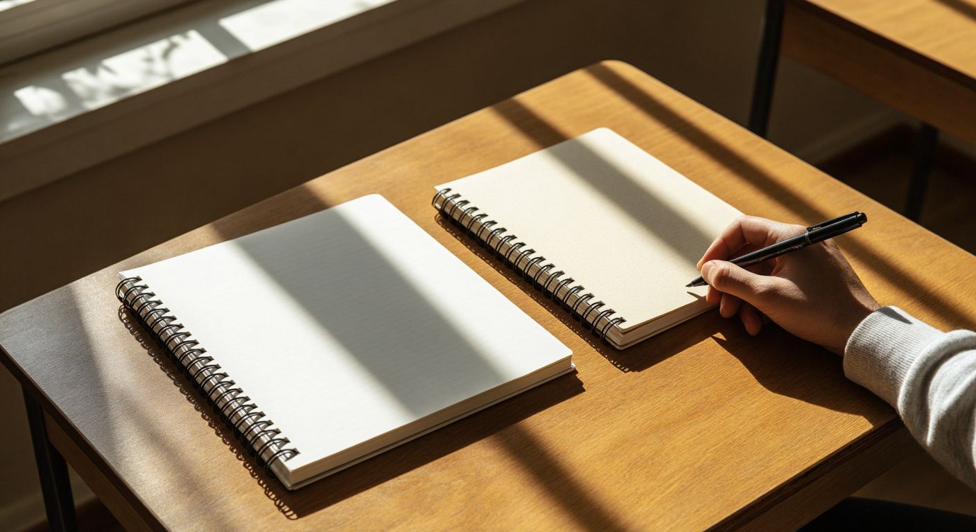 A wooden desk in a sunlit Turkish classroom holds two open notebooks side by side—one with a spiral binding and crisp white pages, the other with a sleek wire binding and a textured cream cover—while a hand hovers thoughtfully between them, a simple black pen resting nearby.