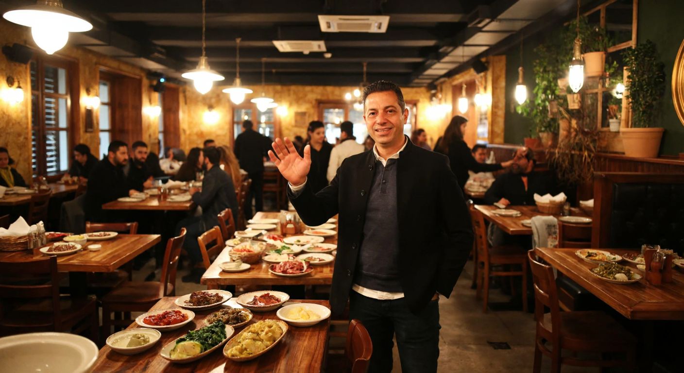 A bustling, warmly lit meyhane in Karaköy with wooden tables laden with small plates of Turkish meze, where a middle-aged man with a friendly smile (Emre Çapa) gestures hospitably toward guests.