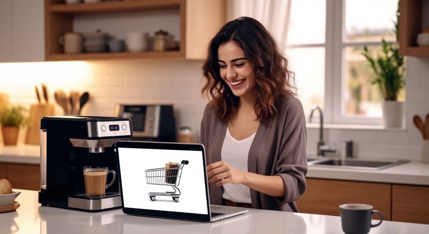 A smiling Turkish woman in a cozy kitchen excitedly holds a De'Longhi coffee machine while tapping on a laptop screen with a shopping cart icon visible.