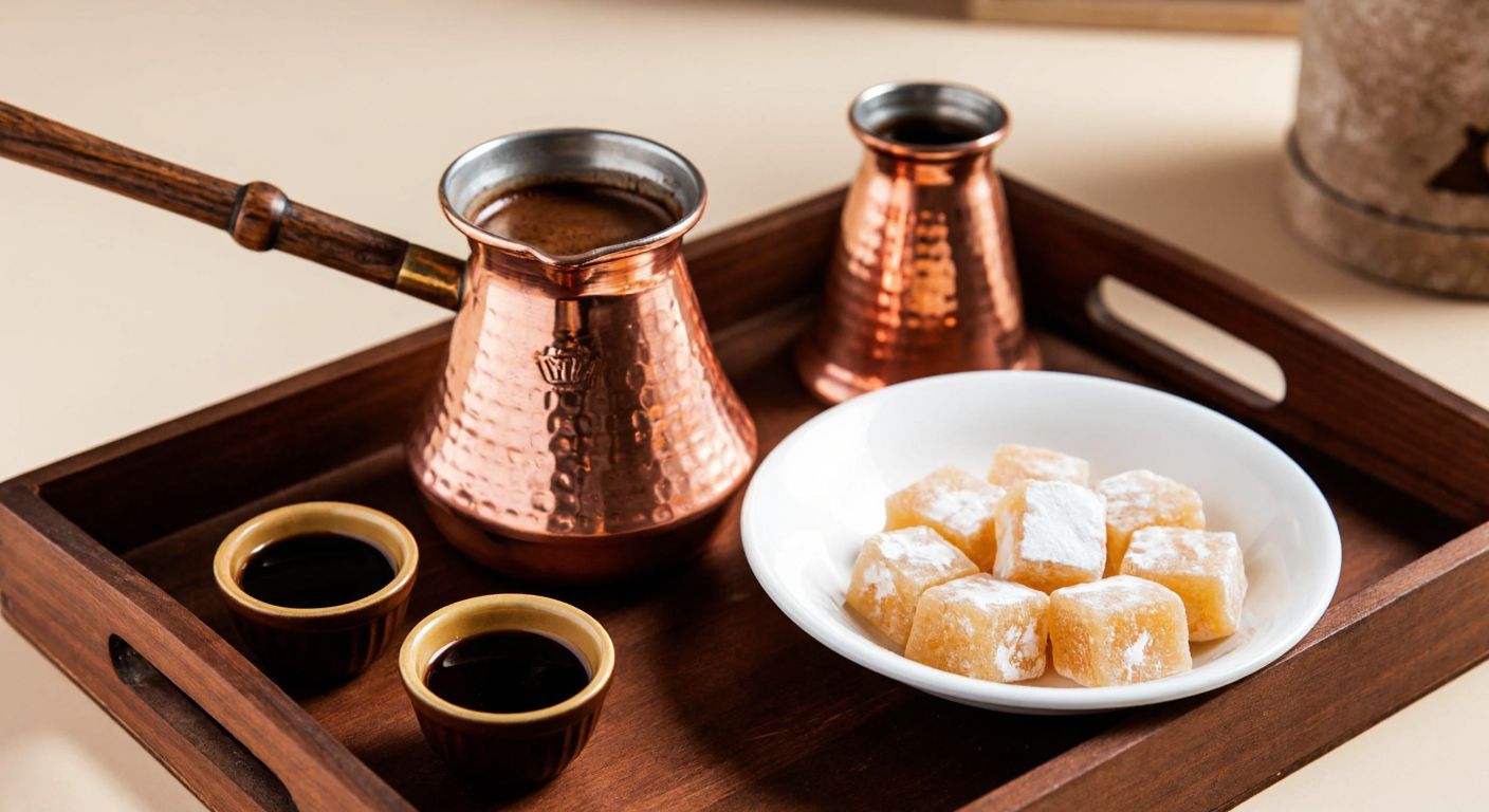 A traditional Turkish copper cezve simmers over low heat with finely ground coffee, surrounded by small cups and a plate of lokum on a wooden tray, evoking warmth and hospitality.