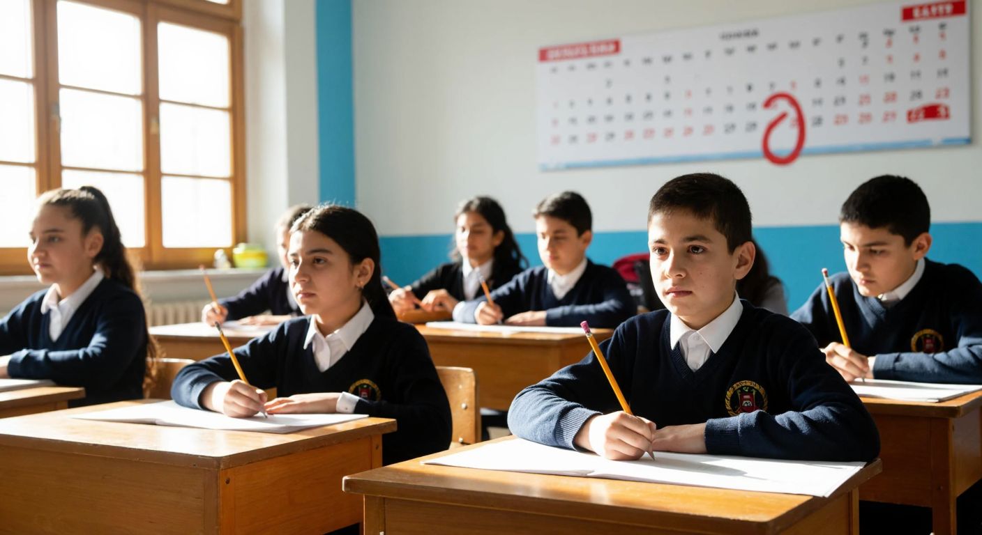 A group of focused Turkish students in school uniforms sitting at wooden desks in a sunlit classroom, holding pencils and looking determined, with a large calendar on the wall showing a circled date in spring.