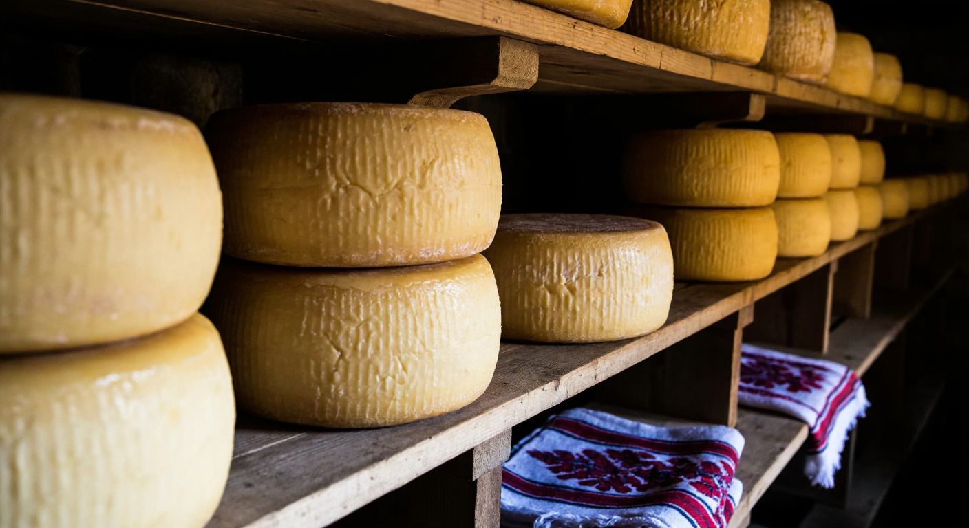 A rustic wooden shelf in a cool, dimly lit cellar holds several rounds of aged Edirne cow cheese, their surfaces cracked and golden, with a traditional Turkish cheesecloth draped nearby.