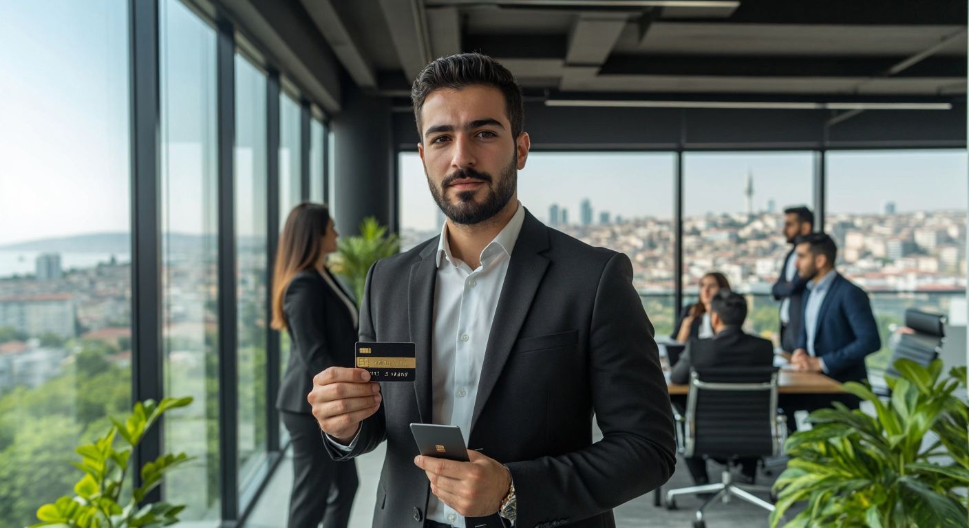A well-dressed Turkish businessperson in a modern office confidently holds a sleek black credit card while discussing with colleagues near a glass-walled meeting room overlooking Istanbul’s skyline.