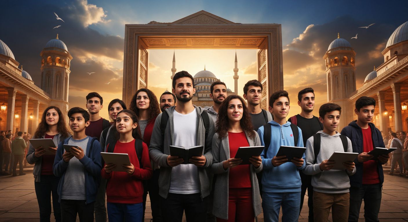 A diverse group of students, teachers, and parents in Turkey standing before a large, open digital gateway, with some holding books or tablets, their faces lit with curiosity and determination.