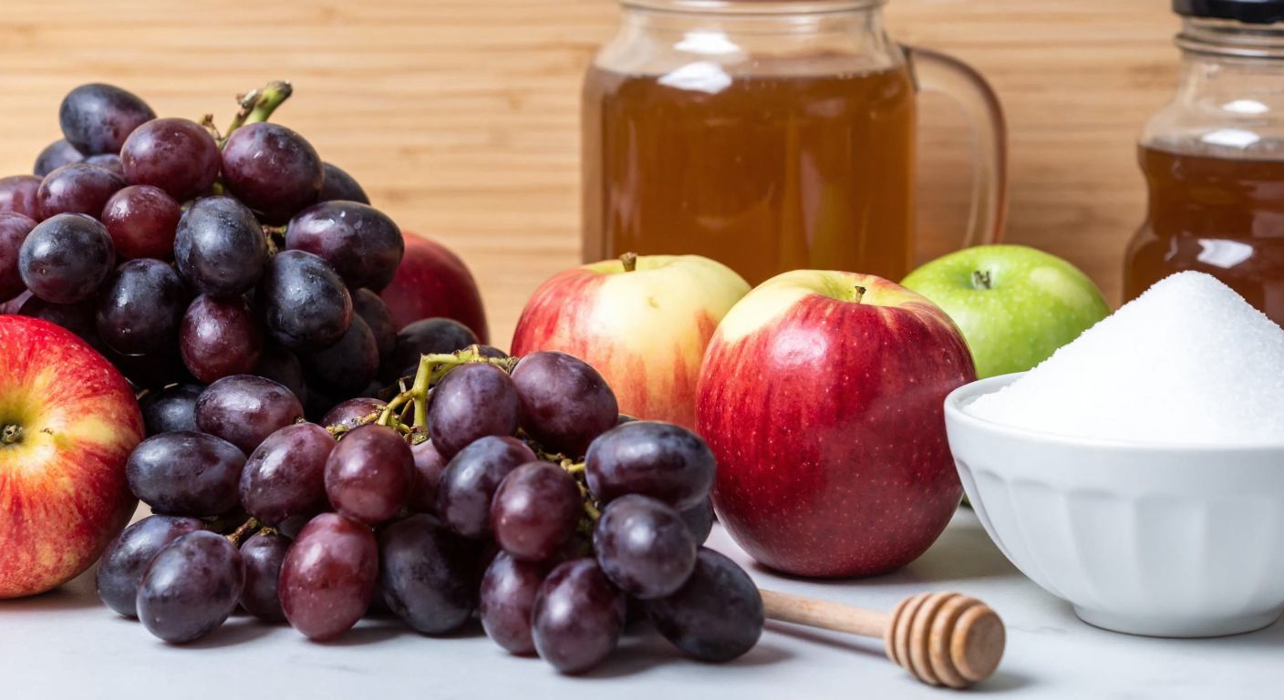 A Turkish kitchen counter with fresh fruits like apples and grapes, a jar of honey, and a bowl of granulated sugar, illustrating the natural and refined sources of fructose and sugar.