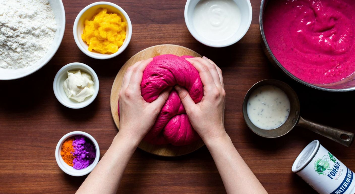 A pair of hands kneading vibrant, soft dough on a wooden table, surrounded by bowls of flour, cream of tartar, and colorful food dyes, with a steaming pot nearby.