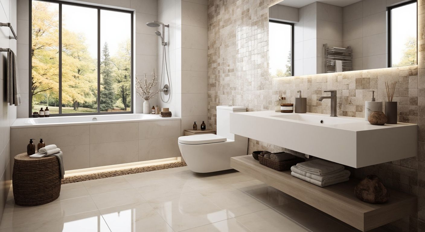 A modern Turkish bathroom with glossy porcelain tiles on the floor, a natural stone-patterned ceramic backsplash, and small mosaic accents near the sink, reflecting practicality and elegance.