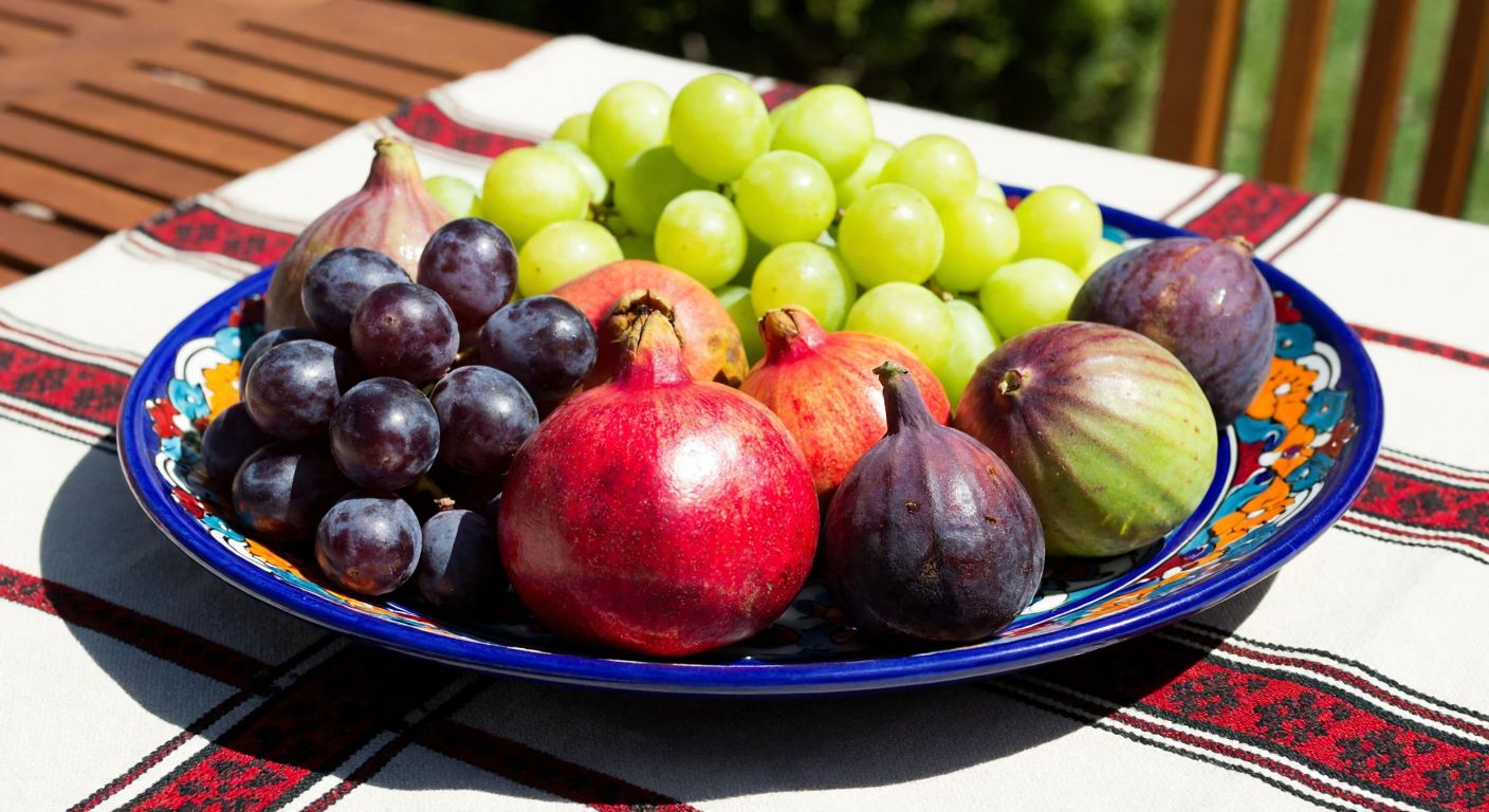 A vibrant Turkish ceramic fruit plate filled with colorful fresh fruits like figs, pomegranates, and grapes, placed on a sunlit wooden table with a traditional woven tablecloth.