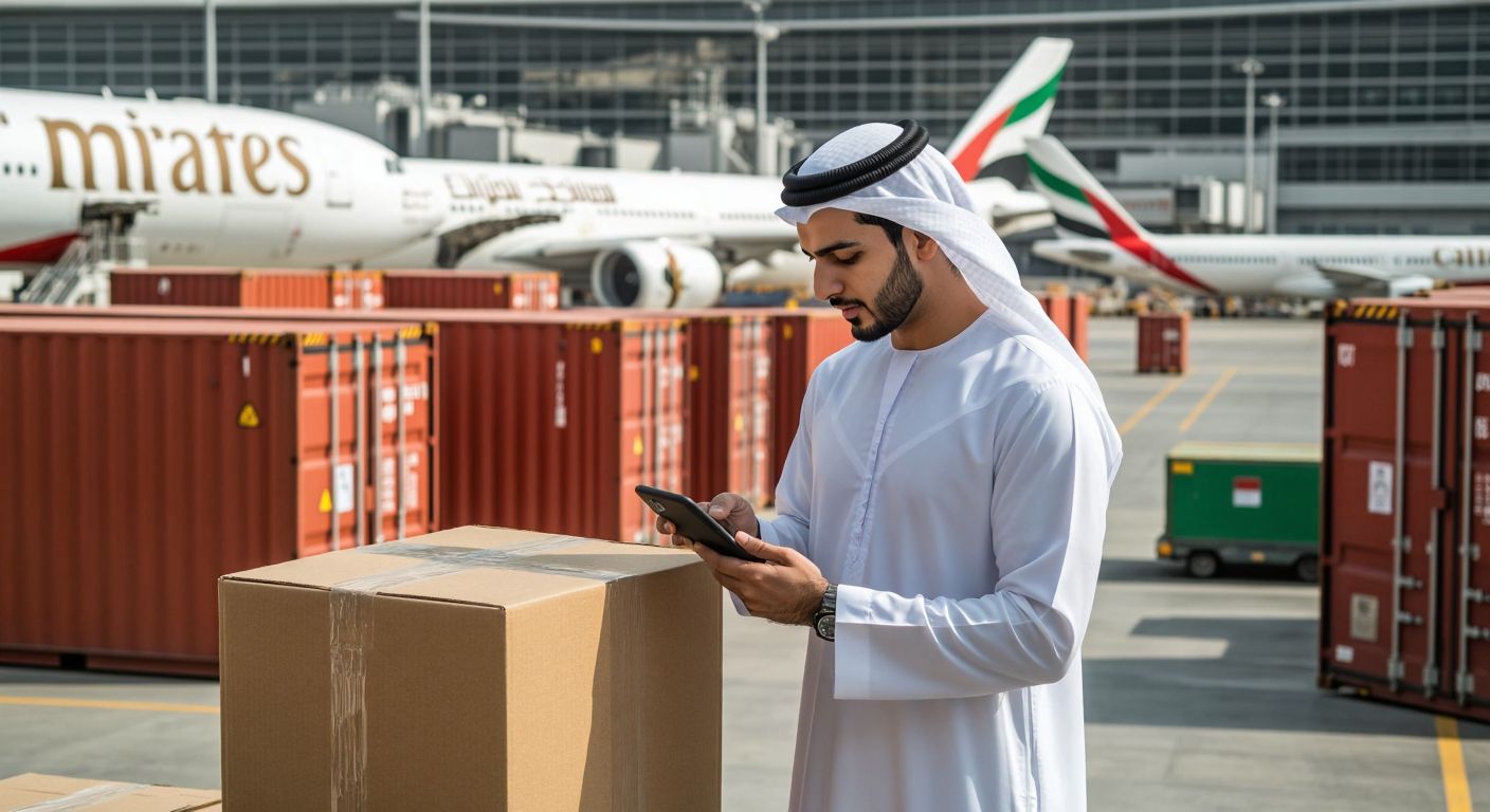 A Middle Eastern man in a crisp white kandura stands at a bustling Dubai airport cargo terminal, intently checking a package with a tracking device in hand, surrounded by stacked shipping containers and Emirates SkyCargo planes on the tarmac.
