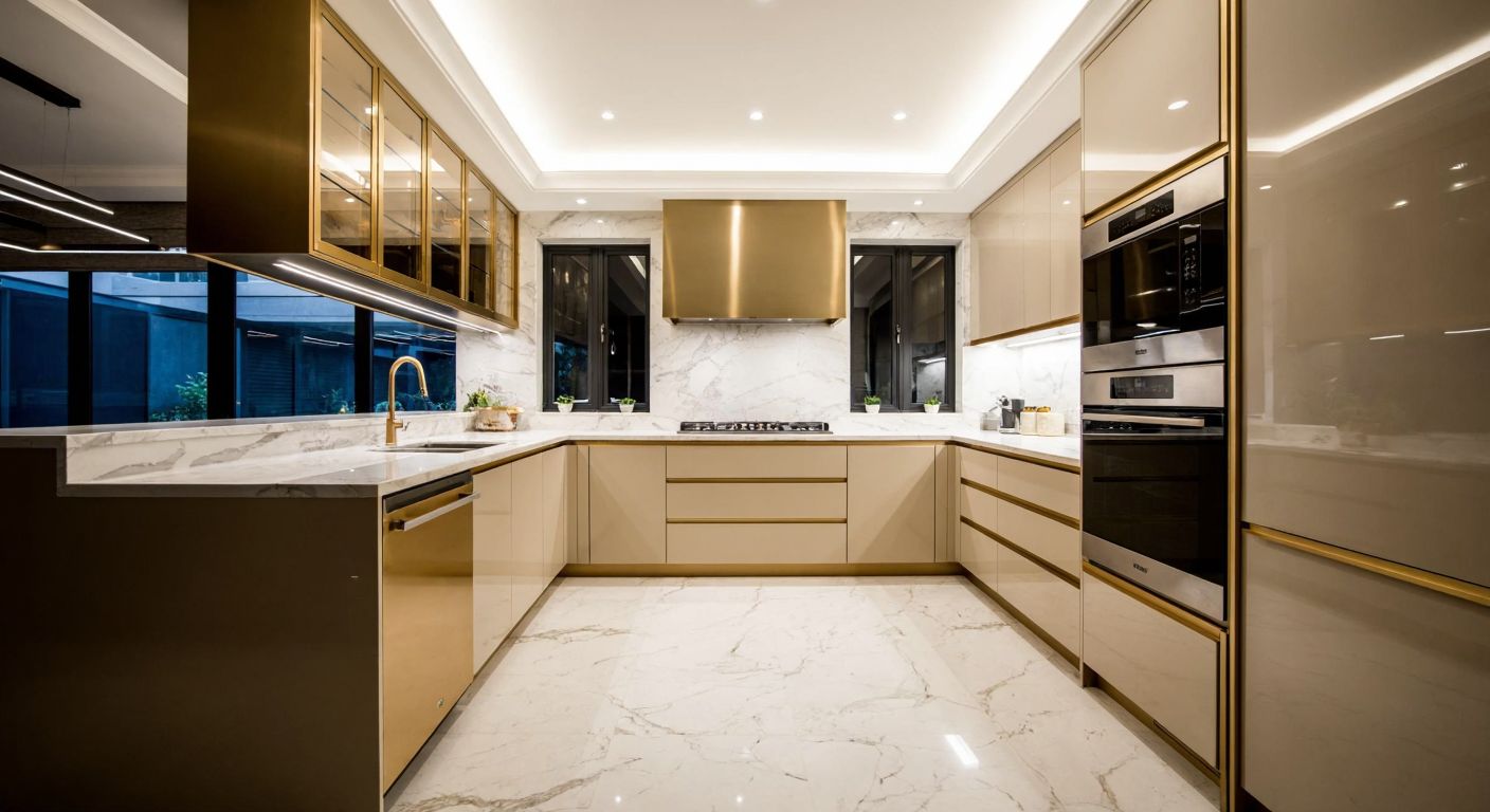 A sleek, spacious kitchen with marble countertops, golden metal accents, and modern appliances, bathed in warm lighting, exuding elegance and luxury.