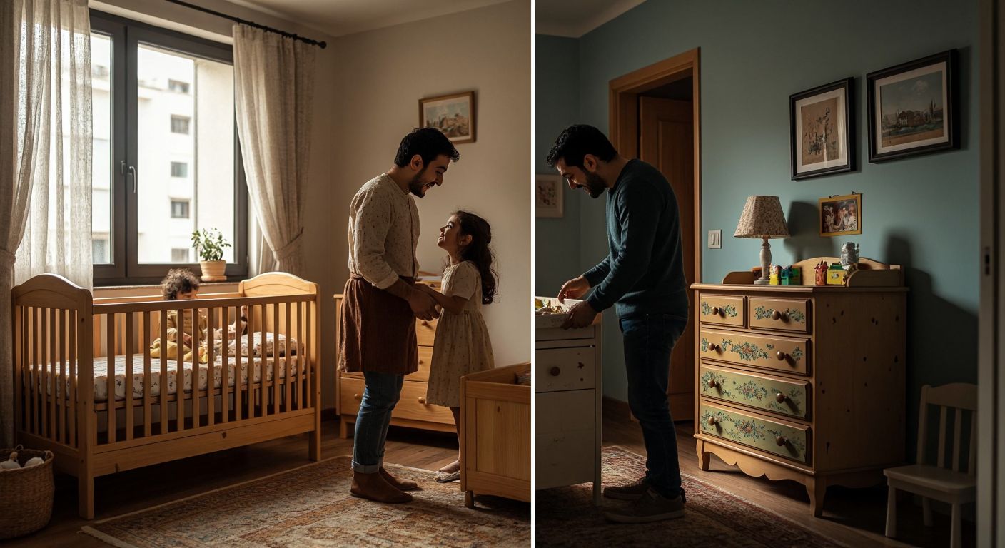 A split-image scene: on one side, a smiling Turkish family in a bright, modern nursery with sturdy wooden furniture, while the other side shows a frustrated couple inspecting a chipped, poorly painted children's dresser in a dimly lit room.