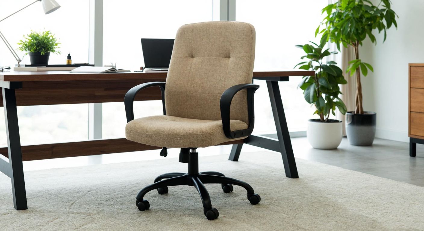 A sleek, modern office chair with a beige linen fabric seat and sturdy black frame sits in a well-lit Turkish office, surrounded by a tidy workspace with a wooden desk and potted plants, conveying comfort and professionalism.