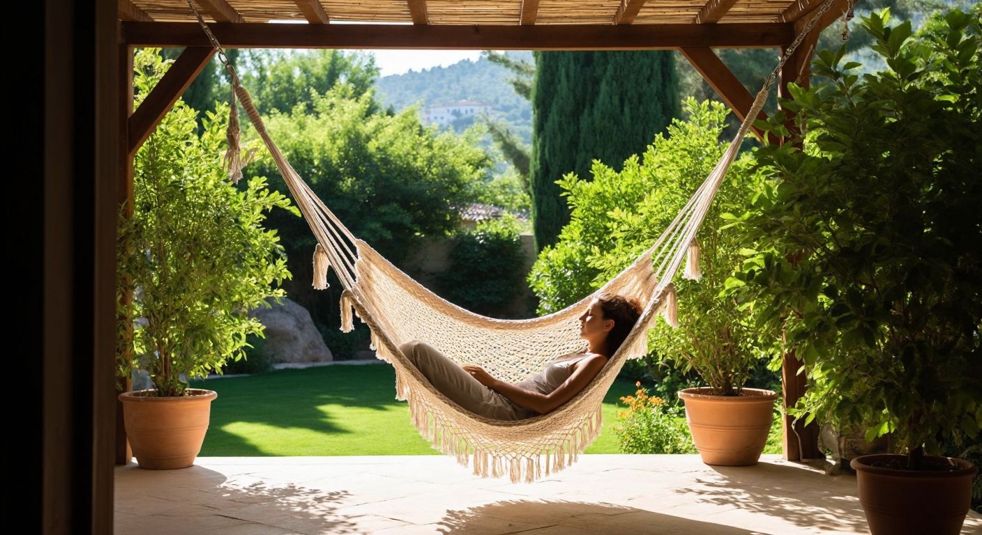 A cozy woven hammock swing hangs from sturdy ceiling hooks in a sunlit Turkish garden, with a person relaxing inside, gently swaying amidst lush greenery.