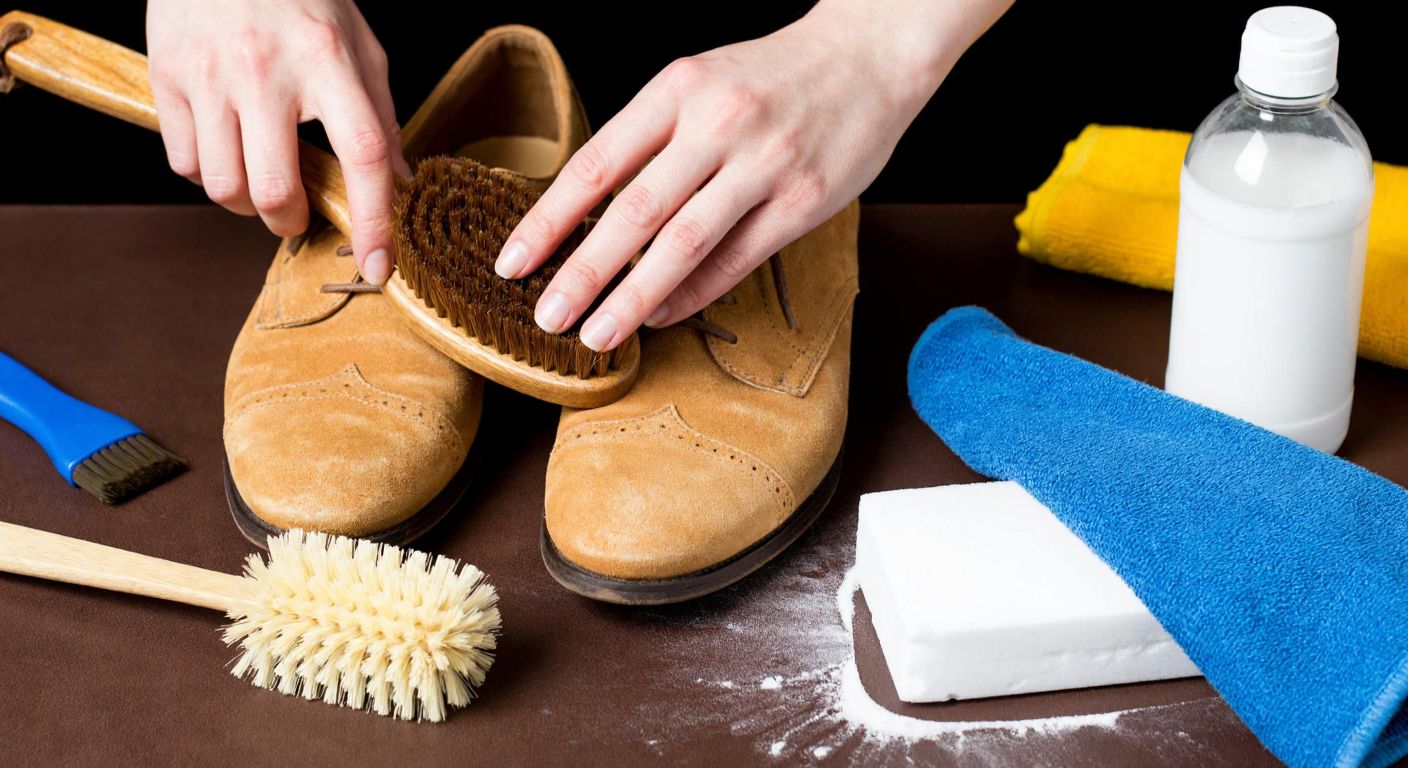 A close-up of a pair of suede shoes with a stubborn stain, surrounded by cleaning tools like a suede brush, cornstarch, white vinegar, and a microfiber cloth, with hands carefully working to remove the stain.
