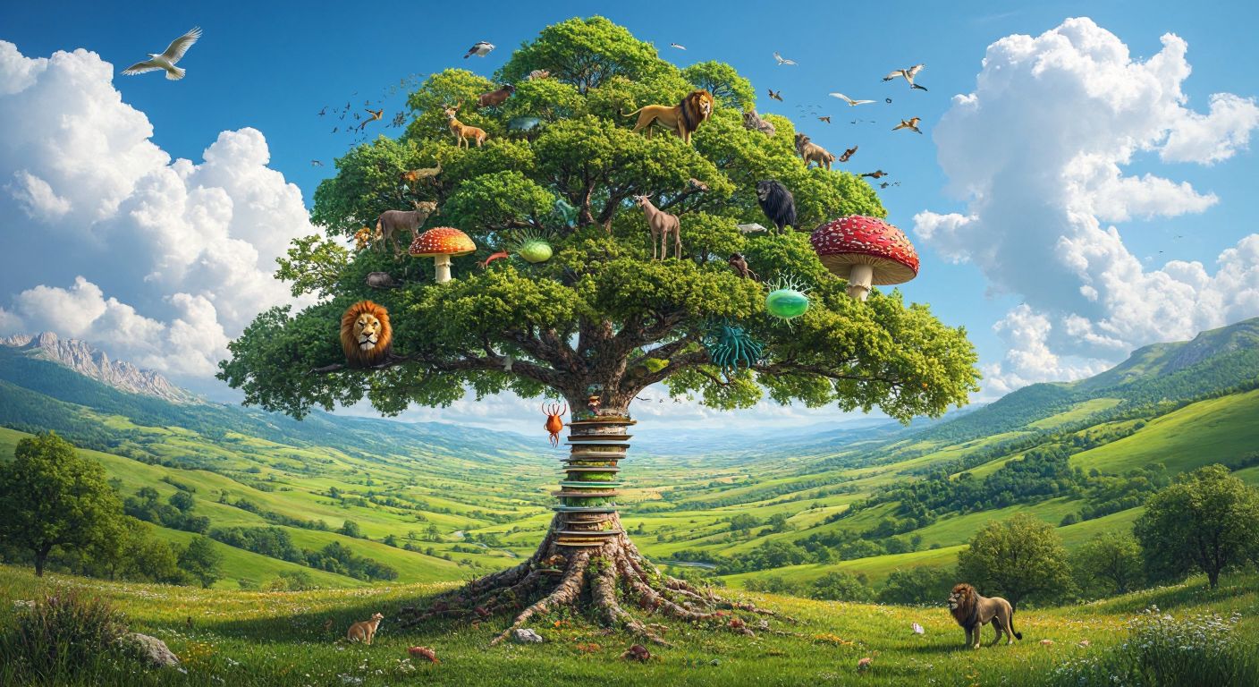 A vibrant, layered tree with branches labeled as hierarchical biological classifications (kingdom to species), featuring diverse organisms like a lion, a mushroom, and a bacterium, set against a Turkish landscape with rolling green hills and a clear blue sky.