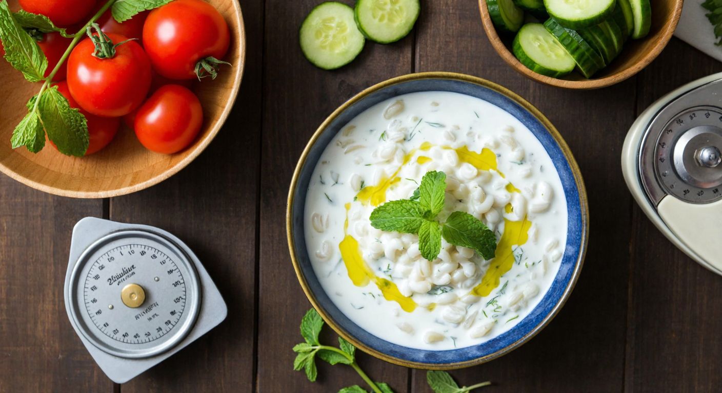 A vibrant Turkish kitchen scene with a bowl of creamy yogurt-barley noodle salad garnished with fresh mint and drizzled with olive oil, placed on a rustic wooden table beside a small scale and fresh ingredients like tomatoes and cucumbers.