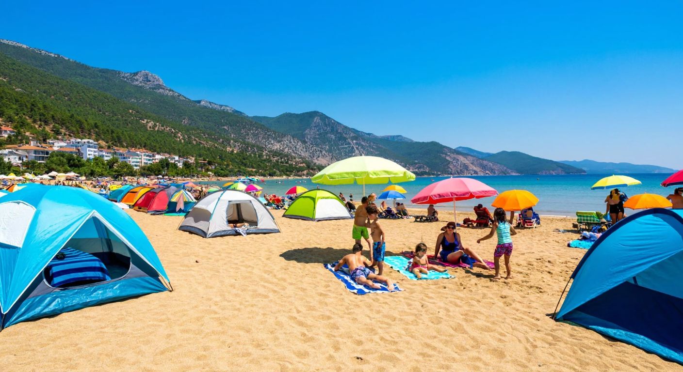 A sunny Turkish beach with colorful umbrellas and pop-up tents dotting the golden sand, where families relax under their shade while children play nearby.