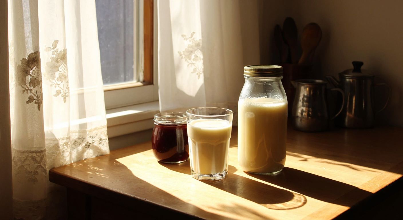 A warm Turkish kitchen with a glass of milk and a jar of pekmez side by side on a wooden table, sunlight streaming through a lace curtain.