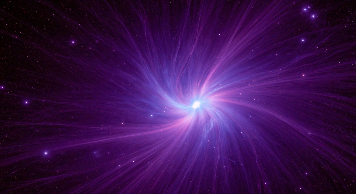 A vast, swirling cosmic web of interconnected galaxies glowing in deep purples and blues, with a dense cluster at the center representing the Laniakea Supercluster, evoking awe and mystery.