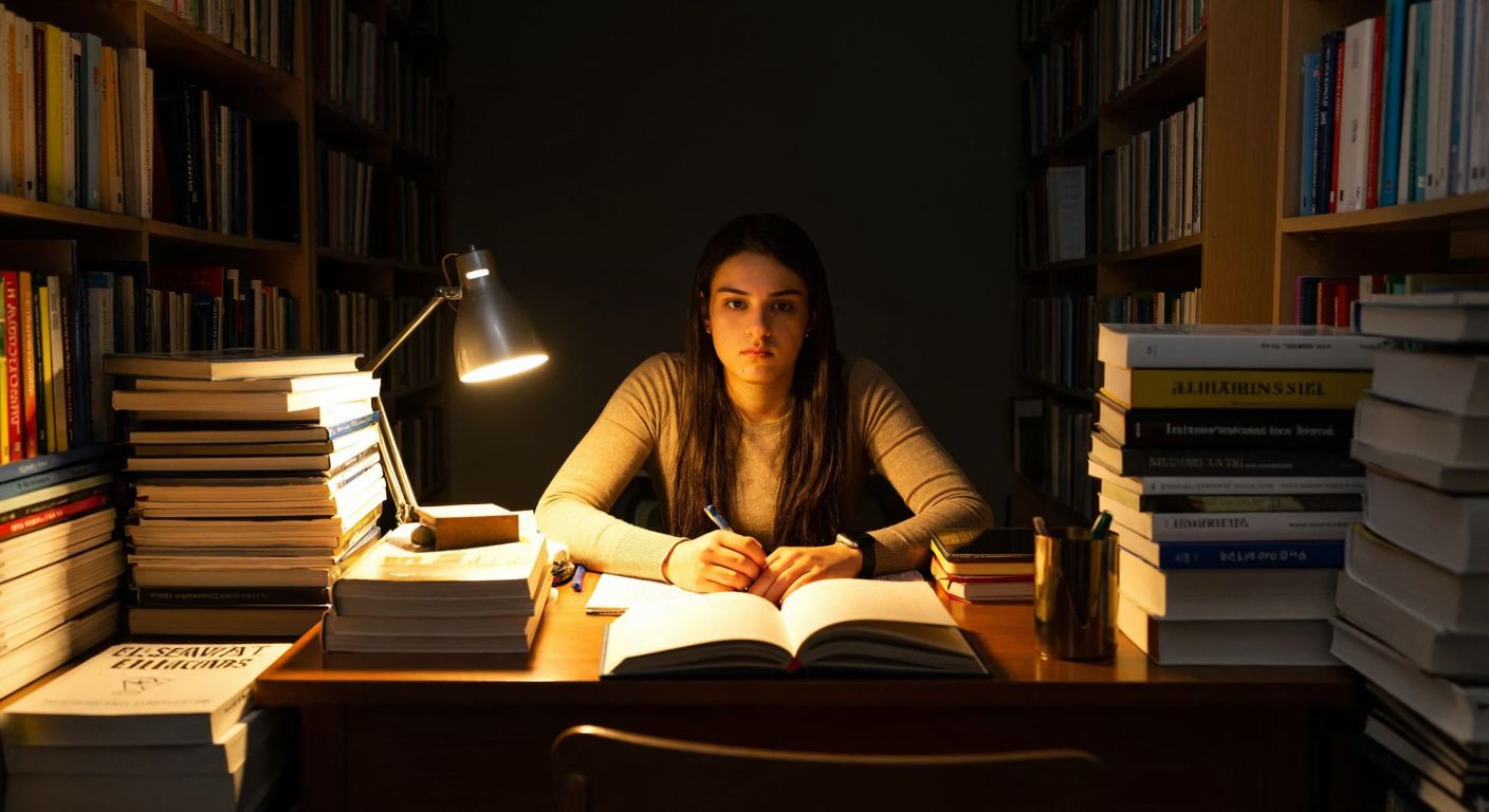 A focused Turkish student sits at a wooden desk surrounded by stacks of textbooks labeled with subjects like mathematics, literature, and science, their face lit by a warm study lamp.