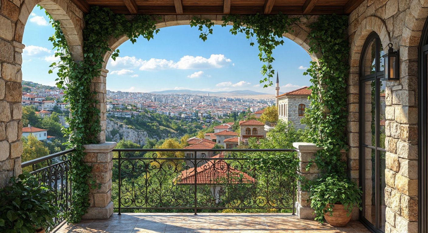 A sunlit Turkish balcony with rustic stone wall panels, lush ivy climbing between the textured stones, and a wrought-iron railing overlooking a vibrant cityscape.