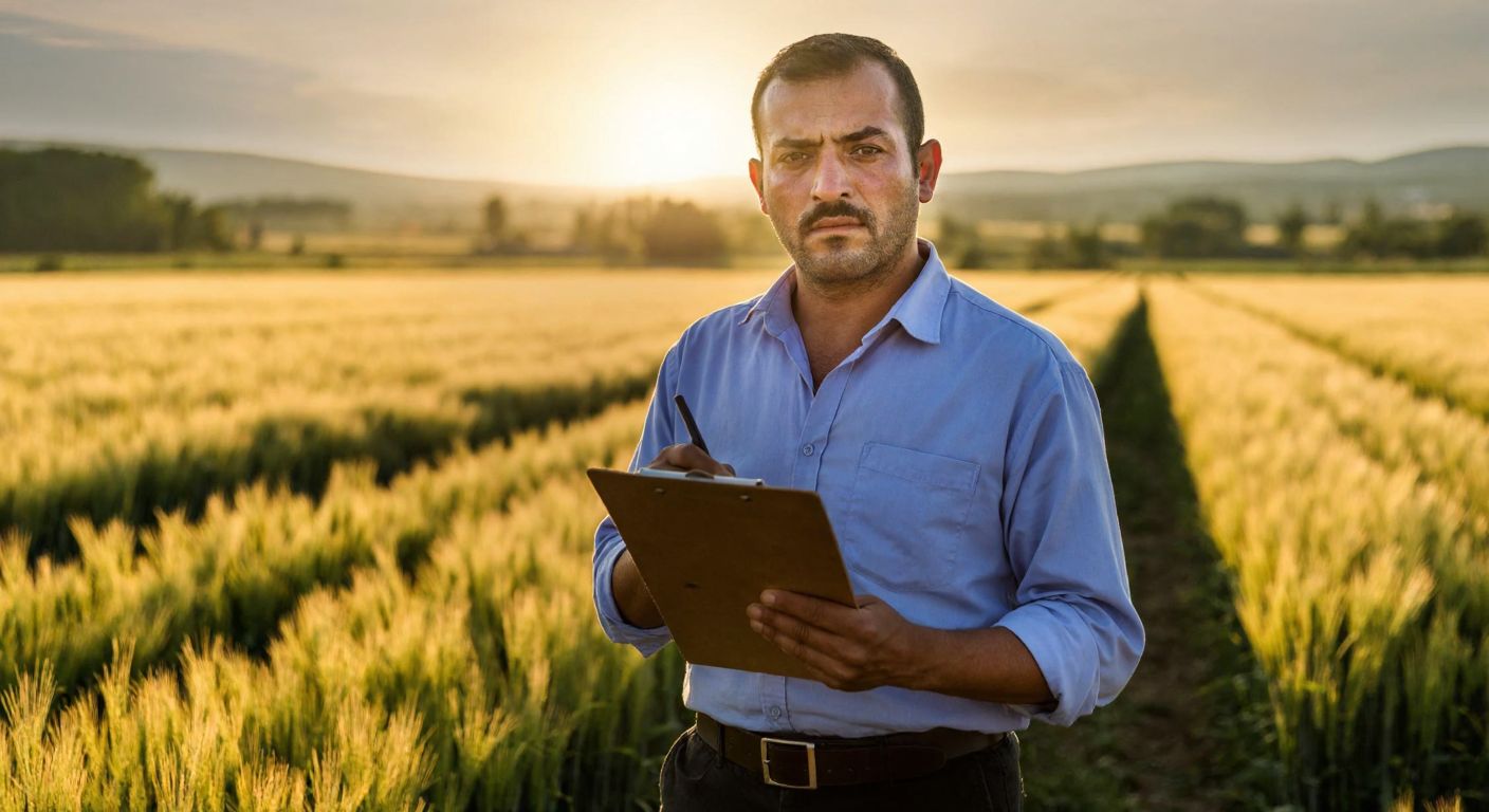 A Turkish farmer in a sunlit wheat field, holding a clipboard with a serious expression, symbolizing agricultural income tax.