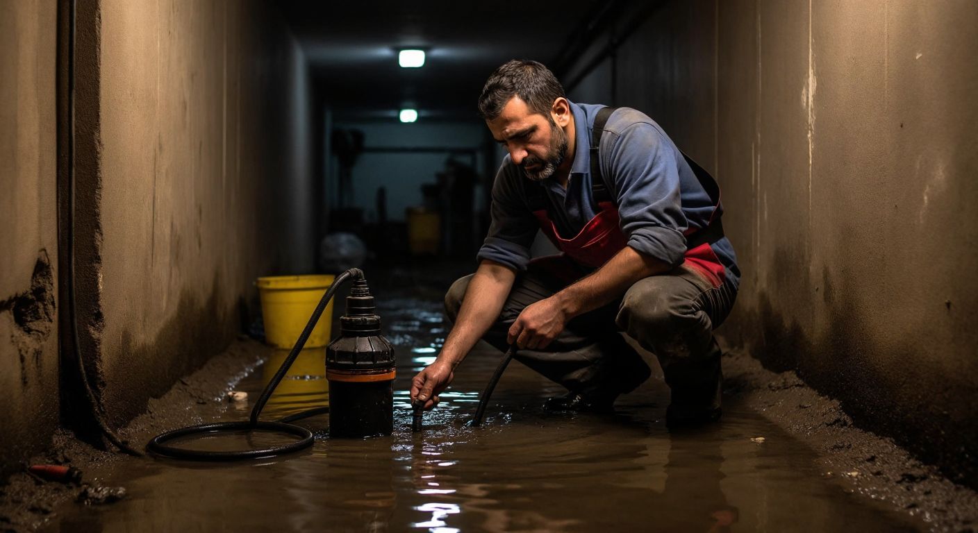 A determined Turkish man in work clothes kneels in a dimly lit basement, carefully positioning a submersible pump connected to a hose in a shallow pool of water, with tools scattered nearby and a focused expression on his face.