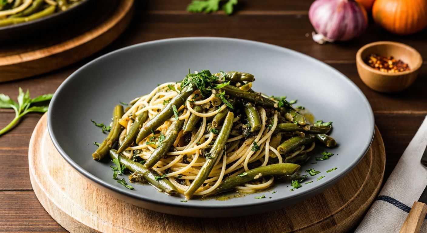 A rustic wooden table in a Turkish kitchen holds a steaming plate of green beans and spaghetti, garnished with fresh herbs and a drizzle of olive oil, evoking warmth and home-cooked comfort.