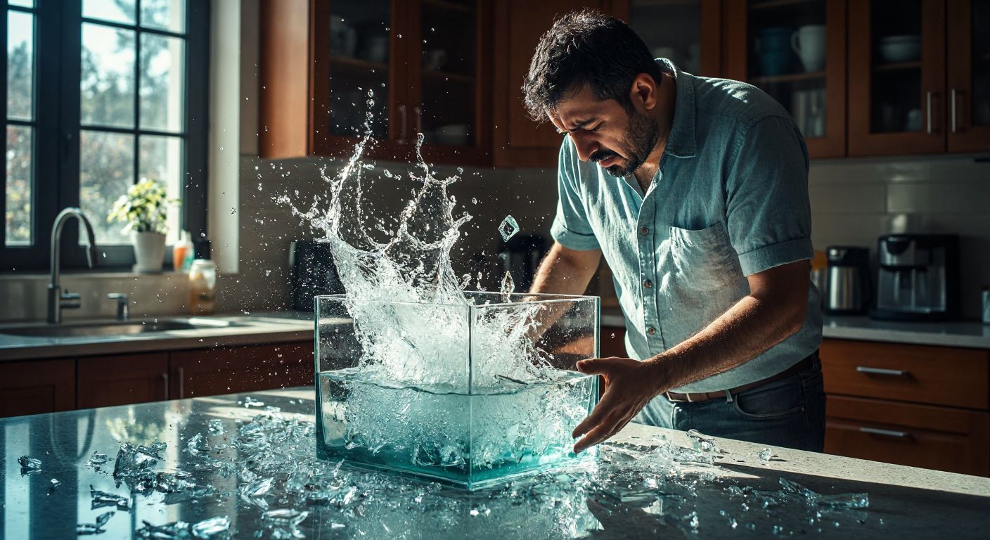 A cracked aquarium with water bursting out under pressure, surrounded by scattered glass shards and a worried Turkish man in a casual shirt inspecting the damage.