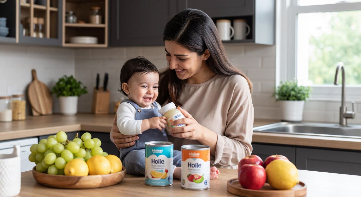 A Turkish mother in a cozy kitchen gently feeds her smiling baby with a bottle of Holle formula, while two clearly labeled but text-free cans (one for 6-12 months, another for 12+ months) sit on a wooden counter beside fresh fruits.