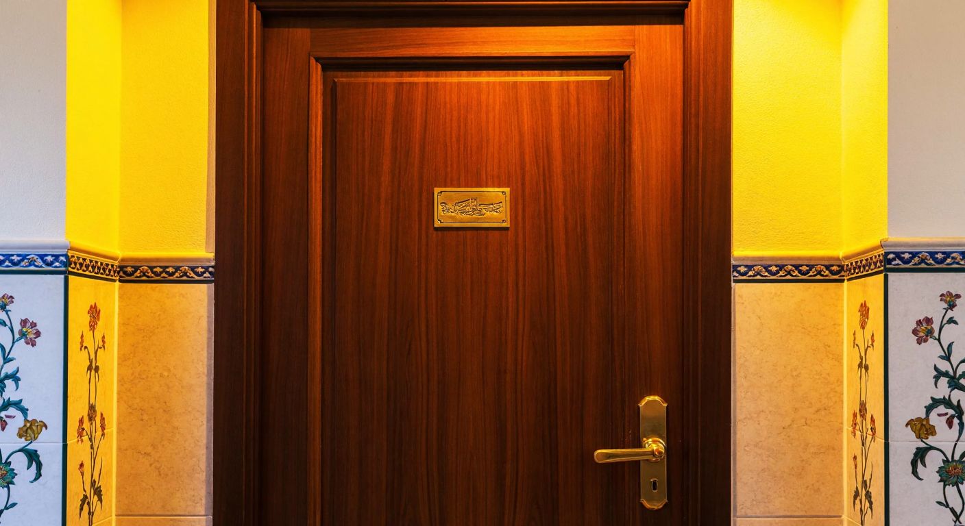 A wooden door in a Turkish home with a small, engraved brass nameplate mounted at eye level, surrounded by warm yellow lighting and floral-patterned tiles on the wall.