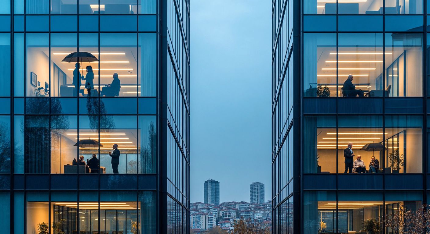 A modern office building in Istanbul with two distinct but connected glass facades, one side showing a family under an umbrella (representing insurance) and the other side showing a happy elderly couple (representing pensions), under a unified corporate logo.