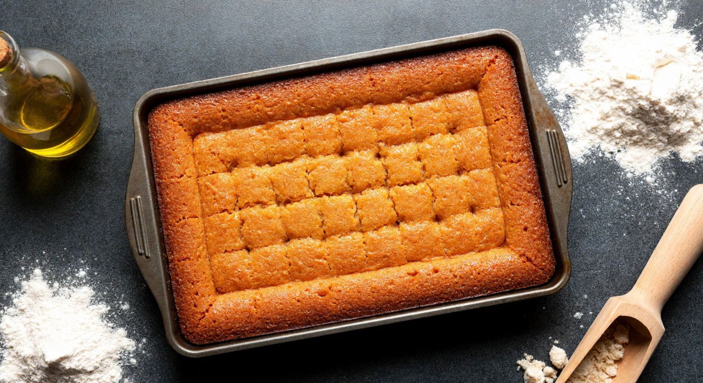 A golden-brown tray of şambâli dessert with a slightly cracked surface, surrounded by scattered flour and a bottle of oil tipped over, symbolizing the excess ingredients that cause hardness.