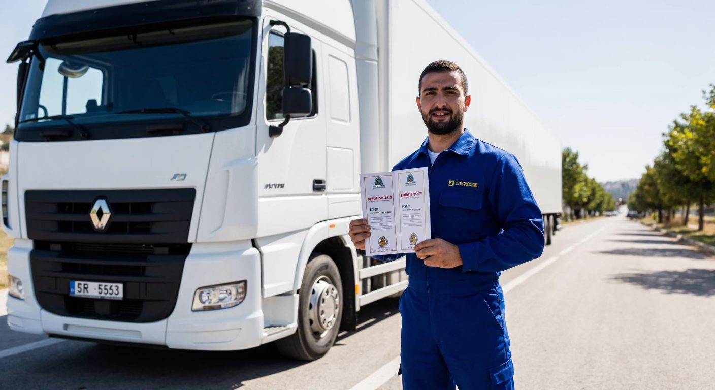 A confident Turkish truck driver in a blue uniform holds two overlapping certificates (SRC2 and SRC3) while standing proudly beside a large commercial truck parked on a sunlit road in Ankara.