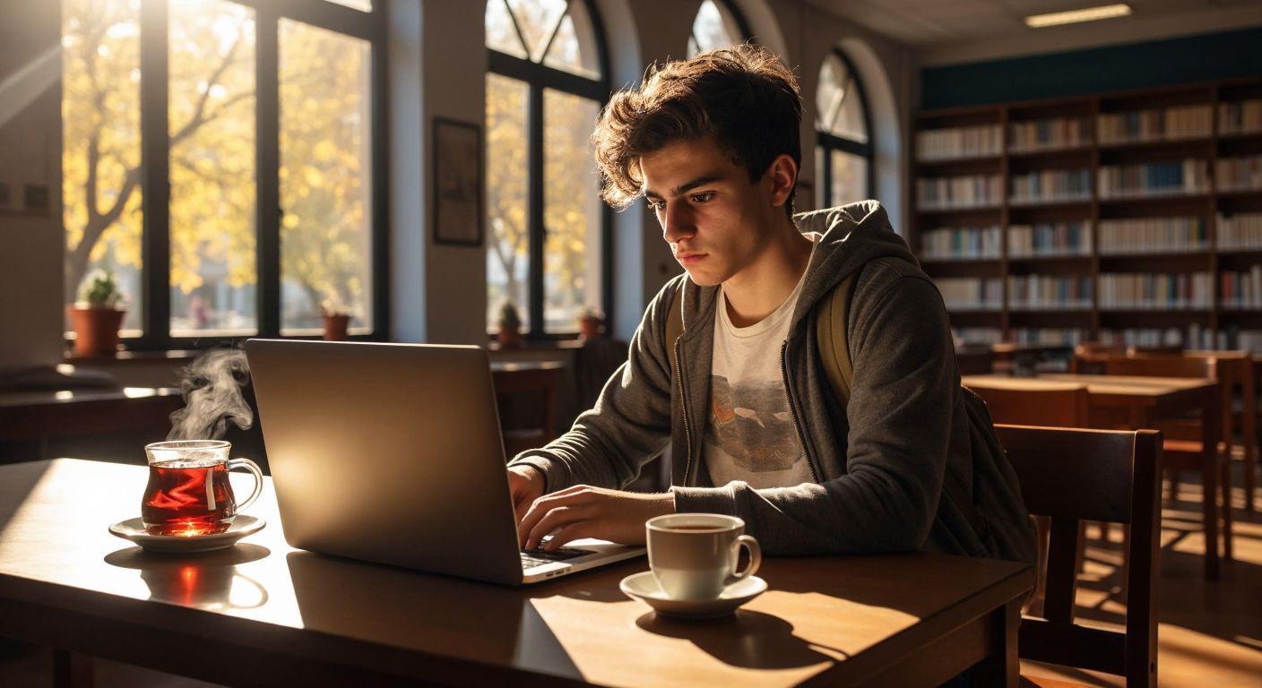 A young student in a casual outfit sits at a wooden desk in a sunlit university library in Çorum, focused intently on a laptop screen with a steaming cup of Turkish tea beside them, their expression a mix of determination and slight frustration.
