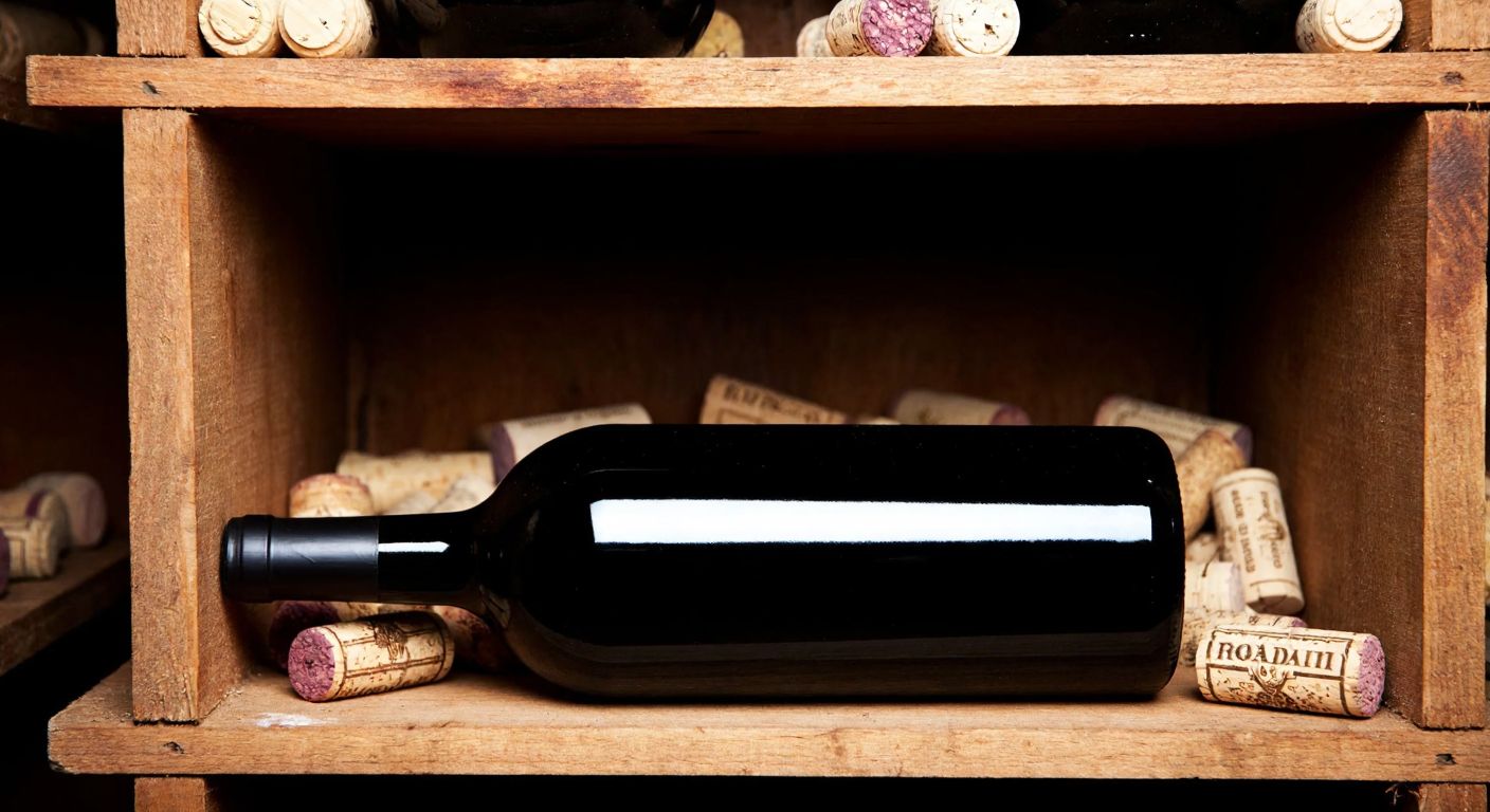 A sleek, dark green Bordeaux wine bottle with a tall, straight silhouette and a slightly tapered neck, resting horizontally on a rustic wooden shelf in a dimly lit cellar, surrounded by scattered corks and faint reflections of candlelight on the glass.