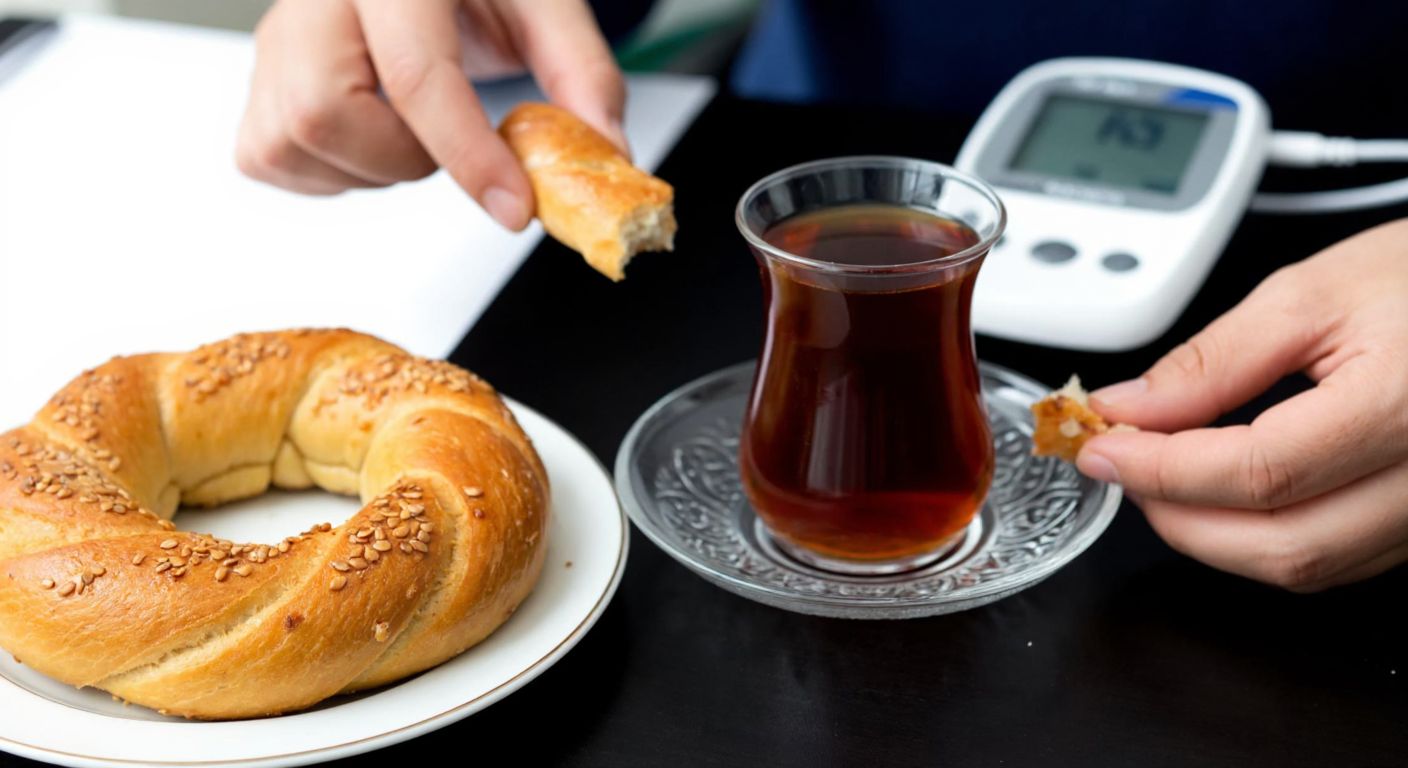 A warm, golden-brown simit rests on a small plate beside a glass of Turkish tea, with a person’s hand carefully breaking off a small piece while a blood sugar monitor sits discreetly nearby.