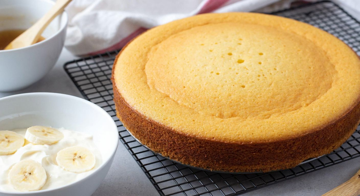 A golden-brown sponge cake cooling on a wire rack, with a bowl of creamy white frosting and sliced bananas nearby, ready to be spread.