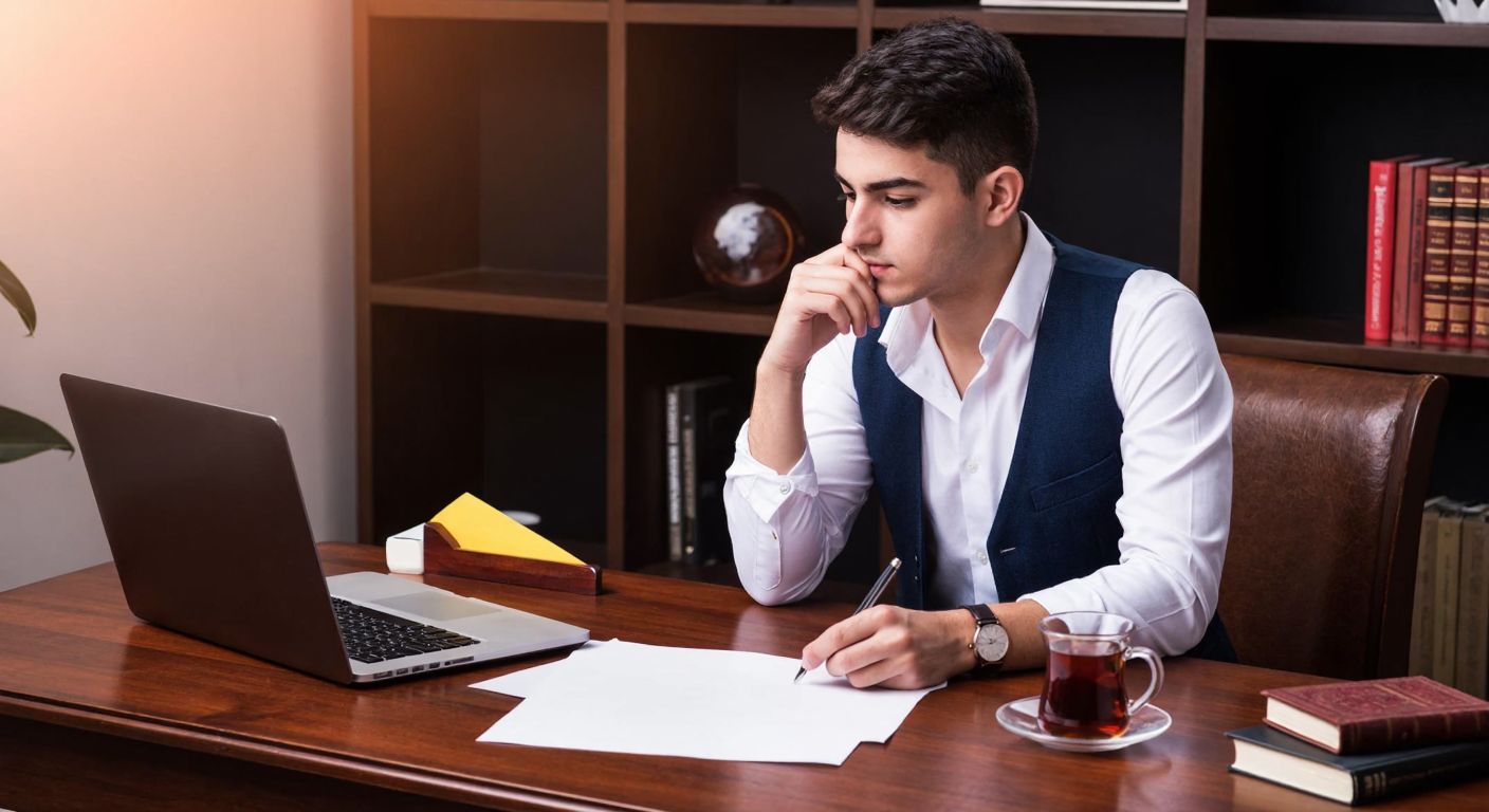 A young Turkish student in a neat shirt sits at a wooden desk, thoughtfully writing on a sheet of paper with a pen, surrounded by a laptop, a steaming cup of Turkish tea, and a small stack of books.