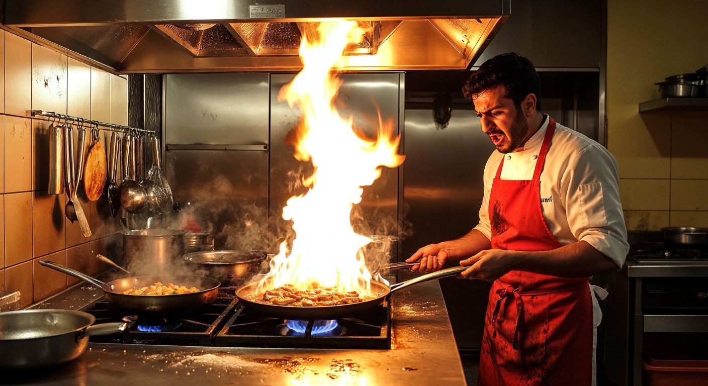 A Turkish kitchen with a stainless steel range hood engulfed in small flames, surrounded by splattered oil stains and a pan with sizzling food, while a person in an apron steps back with a startled expression.
