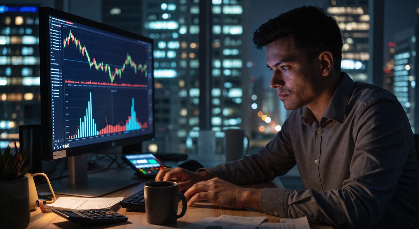 A focused trader in a dimly lit room stares intently at a glowing monitor displaying fluctuating cryptocurrency charts, with one hand hovering over a keyboard and the other gripping a coffee cup, surrounded by scattered notes and a calculator.