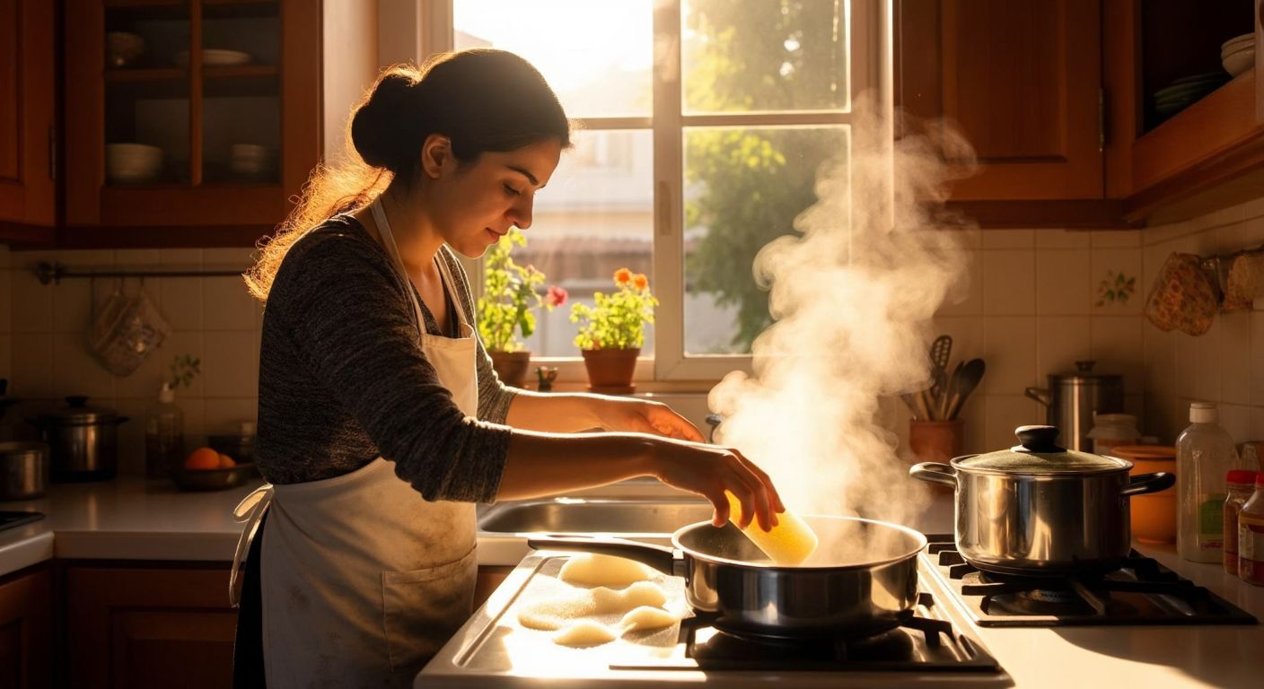 A Turkish woman in a sunlit kitchen scrubs a sticky teflon pan with a soft sponge while steam rises from a pot of boiling water and vinegar on the stove.