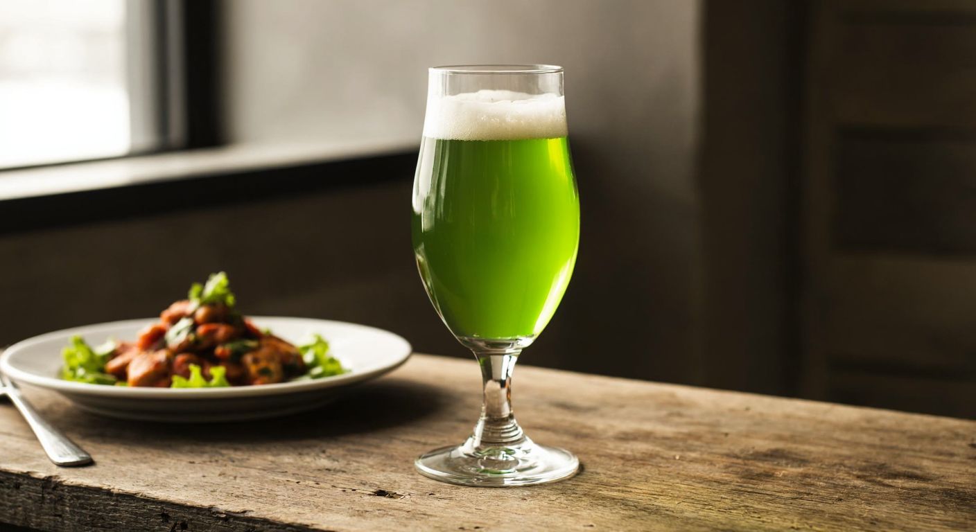 A sleek, green-tinted Paşabahçe Bistro glass filled with frothy beer, placed on a rustic wooden table beside a plate of Turkish meze under warm ambient lighting.
