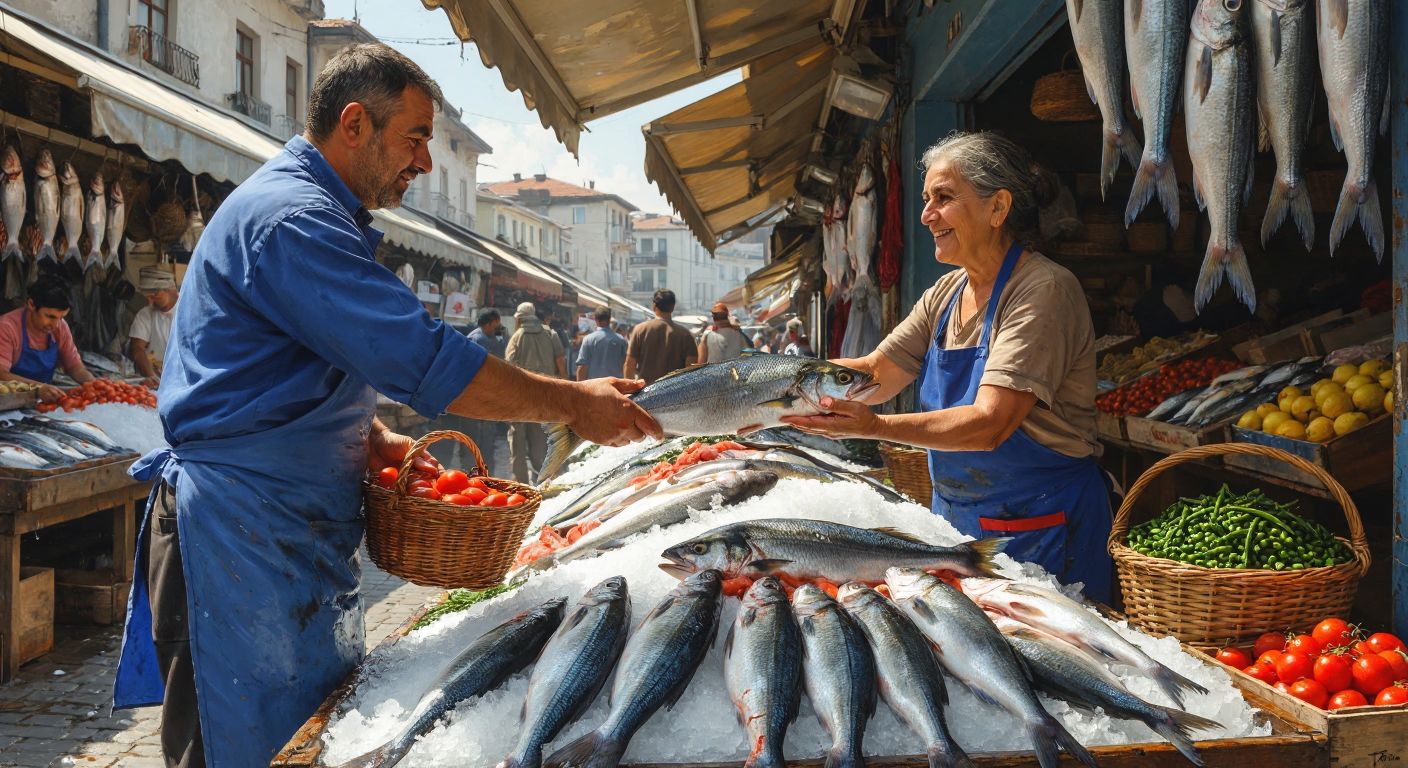 A bustling Turkish fish market with fresh catches displayed on ice, a fisherman in a blue apron handing a gleaming sea bass to a smiling elderly woman holding a woven basket, while sunlight filters through the awning overhead.