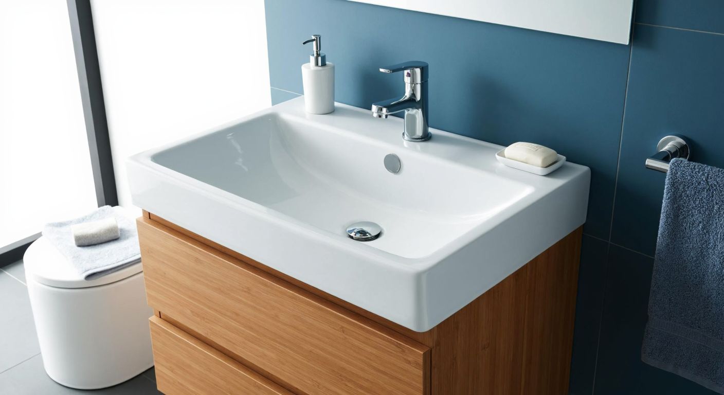 A modern Turkish bathroom with a sleek, white VitrA Mia shelf sink mounted on a wooden cabinet, featuring a deep basin and side panels, surrounded by soft blue tiles and a neatly folded hand towel.
