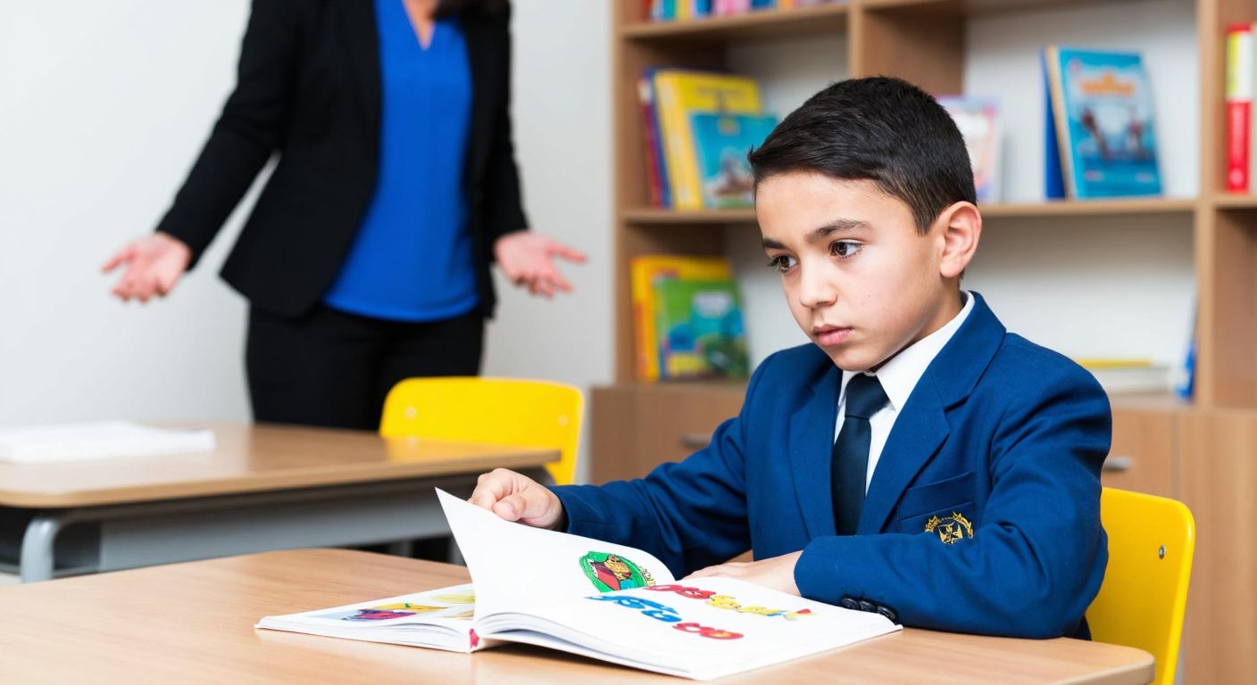 A young Turkish student in a blue school uniform sits at a wooden desk, flipping through a colorful math textbook with a puzzled expression, while a teacher in the background gestures toward a bookshelf filled with educational materials.