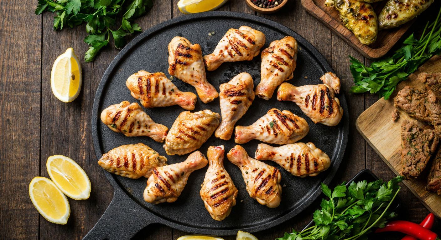A rustic wooden table in a Turkish kitchen displays an array of chicken wing cuts—whole wings, wingtips, and drumettes—freshly prepared with golden-brown grill marks, alongside fresh herbs and lemon wedges.