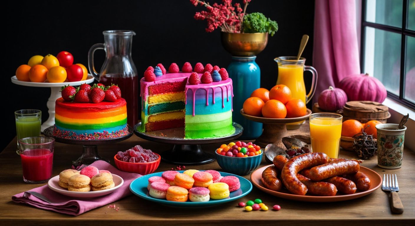 A vibrant Turkish kitchen countertop displaying a colorful array of foods—a rainbow-frosted cake, bright candies, a pitcher of fruit juice, and a plate of sizzling sausages—with small bottles of edible dye nearby, evoking creativity and culinary delight.