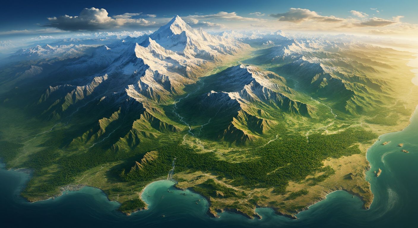 A vast, sunlit map of Asia with towering mountain ranges, sprawling deserts, and dense green forests, dwarfing smaller continent outlines in the background.