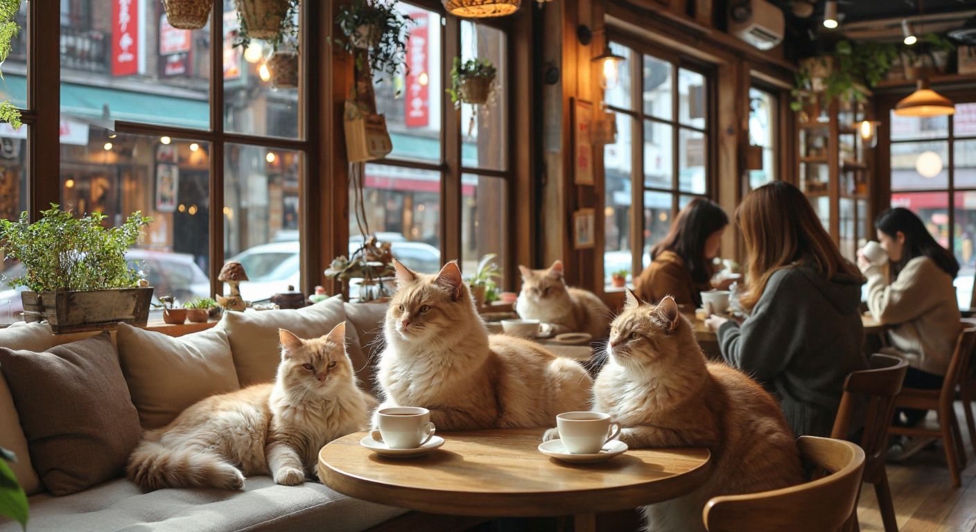 A cozy cat-themed café with fluffy felines lounging on plush cushions, customers sipping tea from delicate cups, and a warm, inviting atmosphere with no alcoholic beverages in sight.